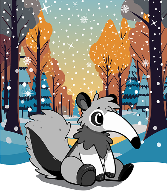 Cute cartoon-style grey, black and white anteater in a winter scene.