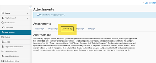The Abstracts field is located on the Attachments tab in KR PD. Click “Add Abstract” and then paste text into the field. 