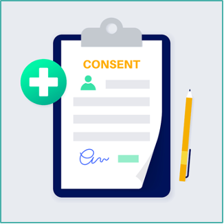 Consent form on clipboard with pen and medical icon.